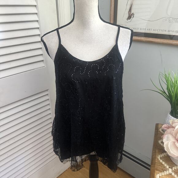 S DEER CONCEPT Top Womens Medium Black Sequin Lace Babydoll Tank Fairy Grunge - Picture 1 of 10